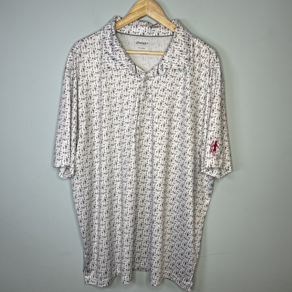Ahead Performance Golf Polo 2XL‎ White All Over Beverage Cart Print Stretch